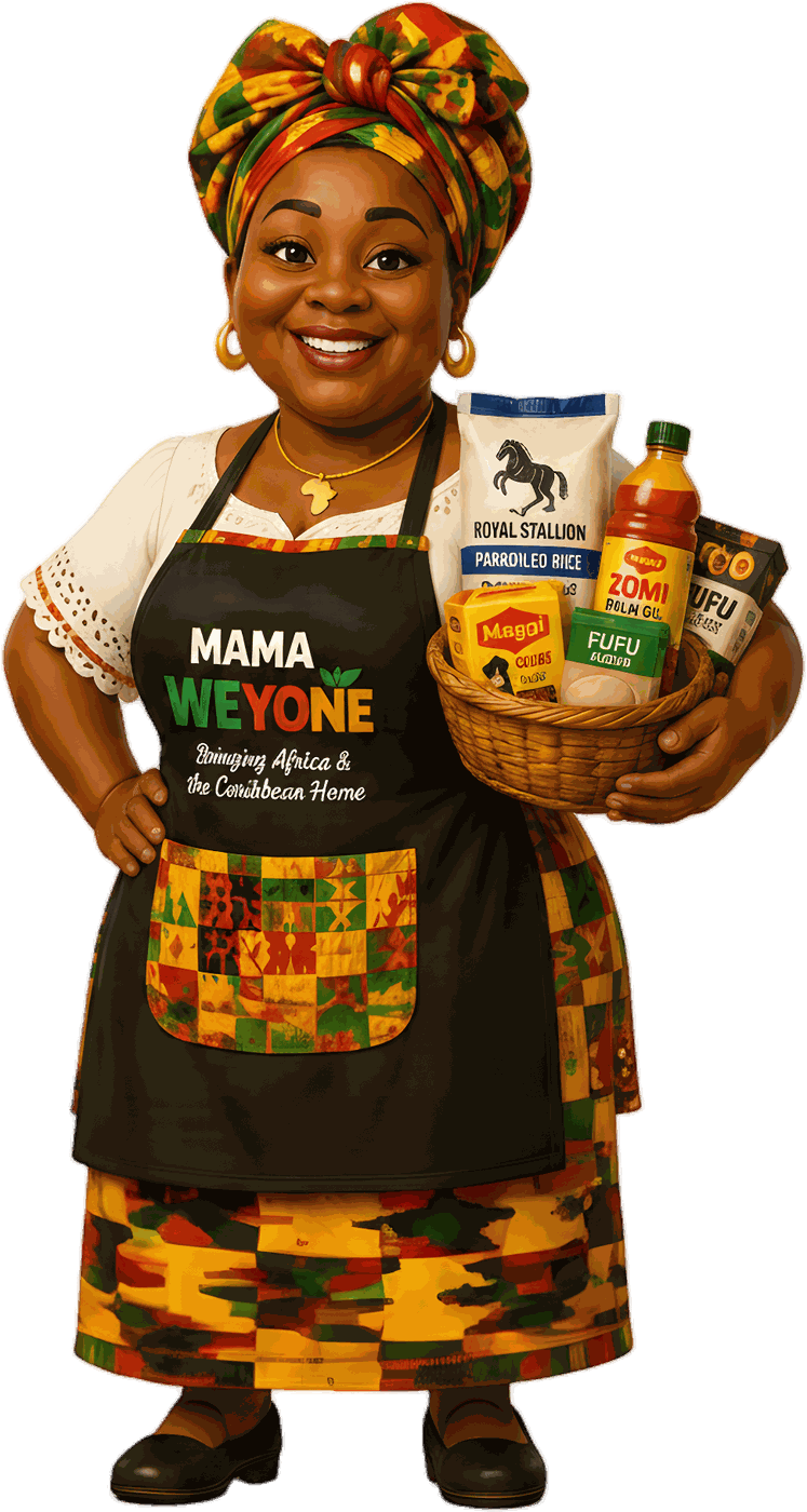 Mama WeYone, the We Yone African Market mascot, holding a basket of palm oil, rice, fufu and seasoning